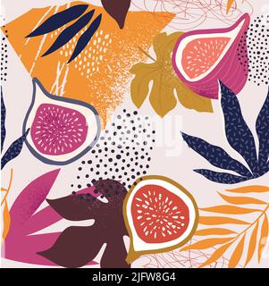 igs and pieces, fig flowers and seeds. doodle lettering fig. Food background. Flat vegetables  Stock Vector