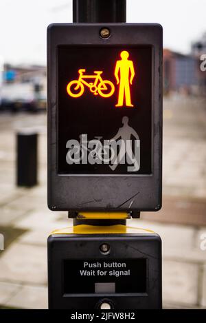 Red pedestrian traffic light. Liverpool, Merseyside, Lancashire, England, United Kingdom Stock Photo