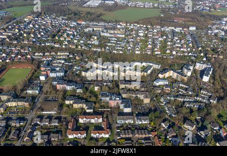 Aerial view, high-rise buildings Friedlandstraße and new construction areas between Wattenscheid railway station and Wattenscheider Hellweg in the dis Stock Photo