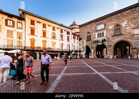 Piazza Vecchia is the square of Bergamo located on the upper part of the city, seat for many centuries of the political and civil activity of the city Stock Photo