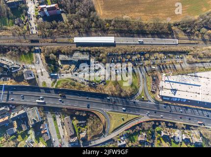 Aerial view, , Wattenscheid station on the A40 motorway in the Westenfeld district of Bochum, Ruhr area, North Rhine-Westphalia, Germany, motorway, ra Stock Photo