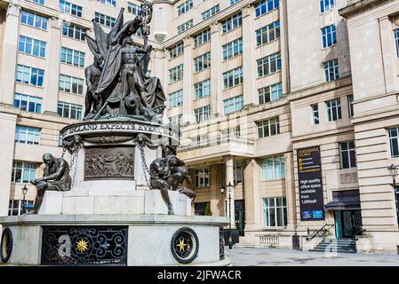 The Nelson Monument is a monument to Admiral Horatio Nelson, in Exchange Flags, Liverpool, England. It was designed by Matthew Cotes Wyatt and sculpte Stock Photo