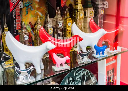 Souvenir shop showcase. Superlambanana is a cross between a banana and a lamb and was designed by New York City-based Japanese artist Taro Chiezo. In Stock Photo