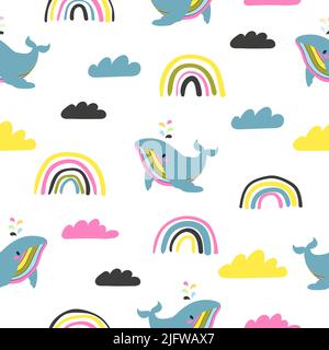 Seamless colorful kids pattern with rainbows and whales. Vector illustration Stock Vector