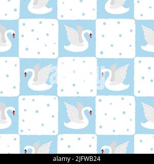 Seamless swan birds pattern. Vector baby print, checked background Stock Vector