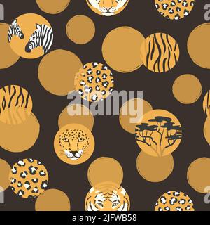 Seamless African pattern with animals and circles. Vector print Stock Vector