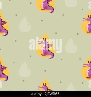 Seamless cartoon dragon and fire pattern. Vector baby illustration Stock Vector