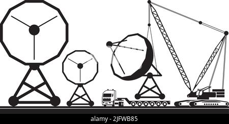 Crane lifting satellite dish from tractor truck – vector illustration Stock Vector