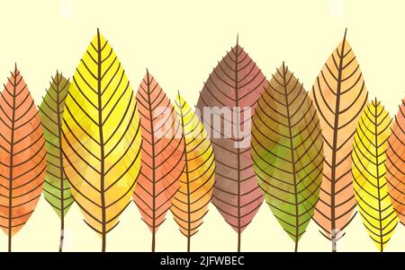 Autumn leaves seamless watercolor pattern. Vector repeating border with colorful leaf Stock Vector