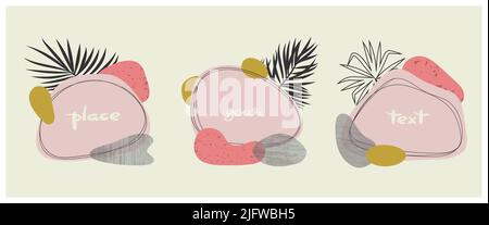 Set of abstract print with plants and geometric shapes. Minimal trendy vector illustration. Posters design. Stock Vector