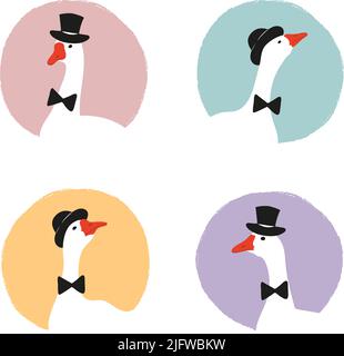 Cartoon geese gentlemen portraits set. Vector illustration of funny goose wearing hat Stock Vector