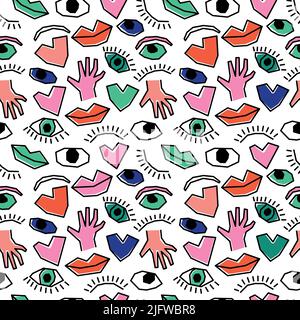 Seamless pattern body parts pattern heart eye lips oneline style on white line color Stock Vector