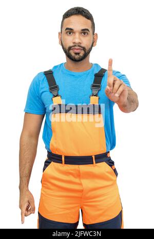 Worker with orange protective gear gesturing stop isolated on white background for cut out Stock Photo