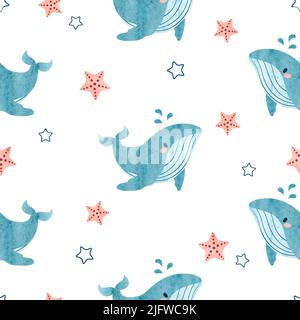 Seamless watercolor pattern with little blue whales. Vector baby shower background. Stock Vector