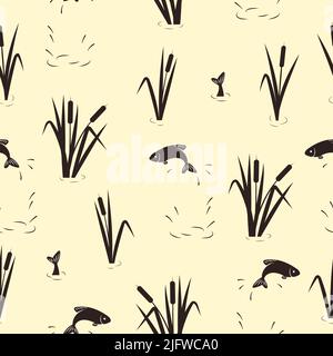 The fish jumping out of water and reeds. Seamless pond pattern. Vector river illustration. Stock Vector