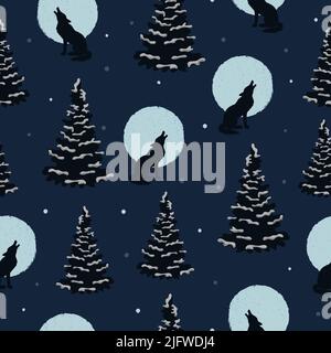 Seamless wolf and moon pattern. Halloween night forest vector illustration Stock Vector