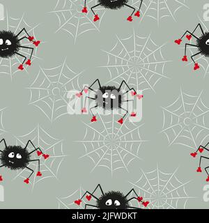 Cute spiders and spider webs seamless pattern. Halloween vector illustration for kids Stock Vector