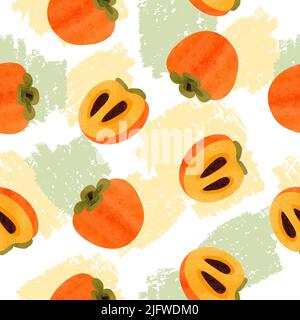 Seamless persimmon fruit pattern. Exotic fruit watercolor vector illustration. Stock Vector