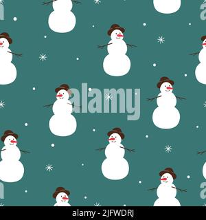 Merry Christmas pattern with cute snowman. Vector seamless winter background Stock Vector