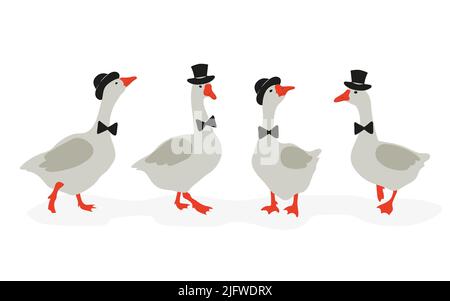 Cute cartoon geese gentlemen set.  Vector illustration of funny goose. Stock Vector