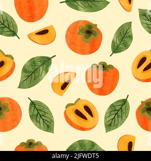 Seamless Persimmon fruit pattern. Vector watercolor illustration with exotic fruits and leaves Stock Vector