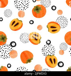 Seamless abstract pattern with persimmon fruit. Vector tropic illustration. Stock Vector