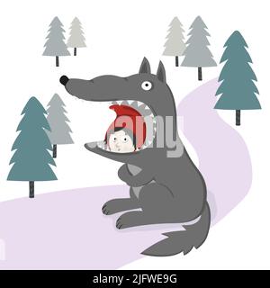 Wolf swallowed Little Red Riding Hood. Vector fairy tale illustration. Stock Vector