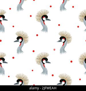 Grey crowned crane bird pattern. Seamless vector japanese illustration Stock Vector