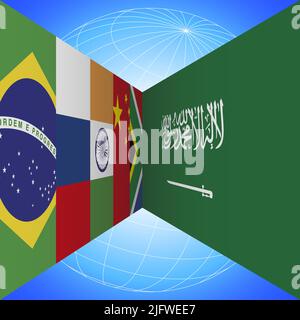 BRICS flags countries and Saudi Arabia flag with earth globe in perspective on the blue background, vector illustration Stock Vector