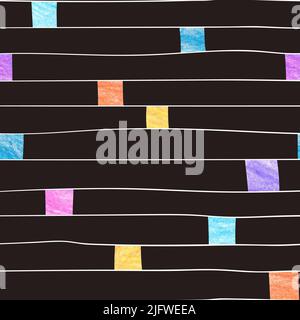 Hand drawn striped pattern with colorful squares. Abstract vector background. Stock Vector