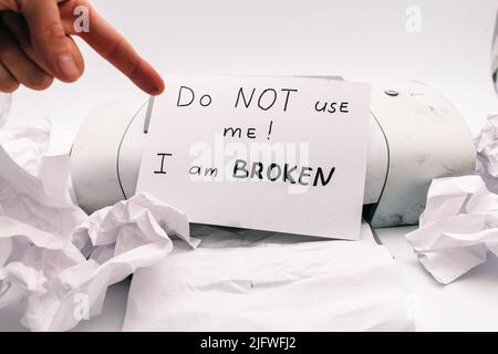 Broken printer equipment repair dirty white Stock Photo