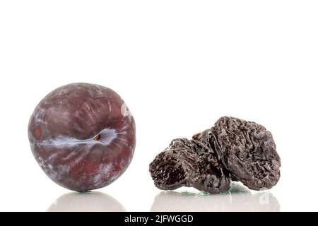 One ripe fresh black plum and two prunes, close-up, isolated on a white background. Stock Photo