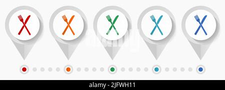 Restaurant concept vector icons, editable infographic template, set of colorful flat design pointers Stock Vector