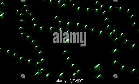 Futuristic technological pattern with neon dots moving along snake like bended trajectory. Design. Particles moving in the dark Stock Photo