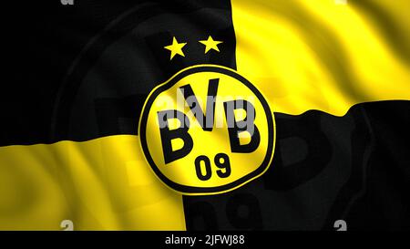 The symbol of the football team in the form of a flag.Motion.Professional German football club from the city of Dortmund depicted on the canvas.Use on Stock Photo