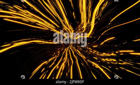 Abstract golden fluctuating sun rays around one spot in the middle. Design. Yellow narrow spreading lines on a black background Stock Photo