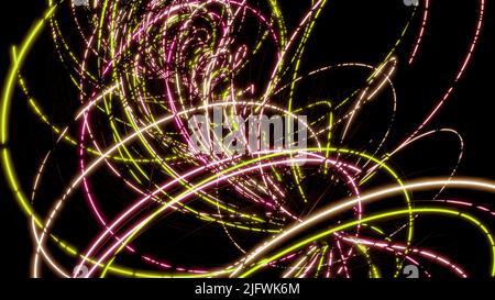 Twisted lines in abstraction.Design. Various bright multicolored lines create various patterns and drawings with swirling circles on a dark background Stock Photo