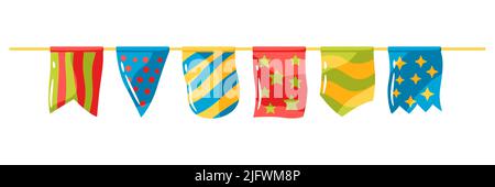 Illustration of color patterned flags garland. Decoration for celebration and holiday. Stock Vector