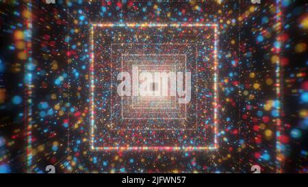 Blue background in abstraction. Motion. Bright squares of blue color line the corridor and move forward, colorful particles shine next to them. High q Stock Photo