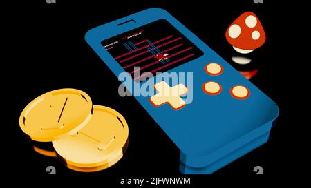 Abstract retro background with a blue tetris and a game on its screen, gold coins and fly agaric mushroom. Design. Concept of old fashioned games Stock Photo