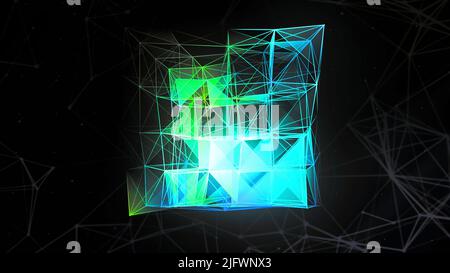 Transforming 3D cube silhouette from narrow lines and dots. Motion. Abstract geometric plexus figure on a colorful background Stock Photo