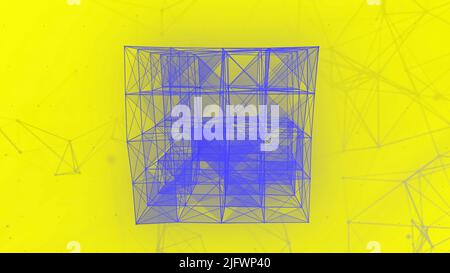 Transforming 3D cube silhouette from narrow lines and dots. Motion. Abstract geometric plexus figure on a colorful background Stock Photo