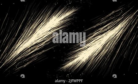 Moving streams of energy lines on black background. Motion. Parallel flows of energy lines. Streams in form of feathers spread in space. Stock Photo