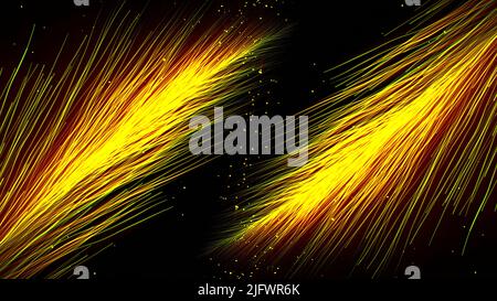 Moving streams of energy lines on black background. Motion. Parallel flows of energy lines. Streams in form of feathers spread in space. Stock Photo