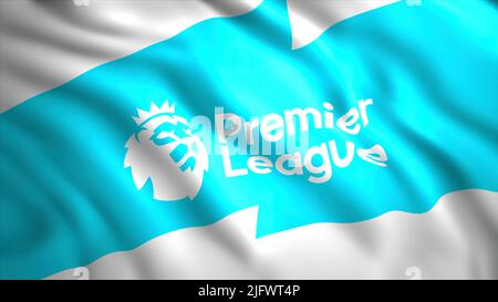 The symbol of the Premier League on a blue canvas.Motion.A bright symbol of the English Premier League with a white lion.Use only for editorial. High Stock Photo