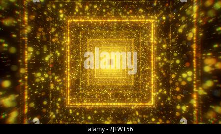 Yellow background. Motion. Various flying shiny particles in abstraction and huge squares that move forward along the background like an endless path. Stock Photo