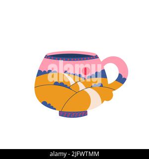Cup of coffee or tea with landscape inside. Mountains, hills, sky and clouds. Vector trendy style, isolated illustration. Stock Vector