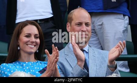 Wimbledon, UK, 05/07/2022, Catherine, Duchess of Cambridge (aka Kate Middleton) and Prince William, Duke of Cambridge, attend a tennis match between Belgian Goffin and UK Norrie in the 1/8 finals of the men's singles tournament at the 2022 Wimbledon grand slam tennis tournament at the All England Tennis Club, in south-west London, Britain, Tuesday 05 July 2022. BELGA PHOTO BENOIT DOPPAGNE Stock Photo