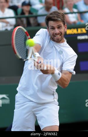 London, UK. 05th July, 2022. Great Britain's Cameron Norrie in action during his Quarter-Final match against Belgian David Goffin on day nine of the 2022 Wimbledon championships in London onTuesday, July 05, 2022. Norrie won the match 3-6, 7-5, 2-6, 6-3, 7-5. Photo by Hugo Philpott/UPI Credit: UPI/Alamy Live News