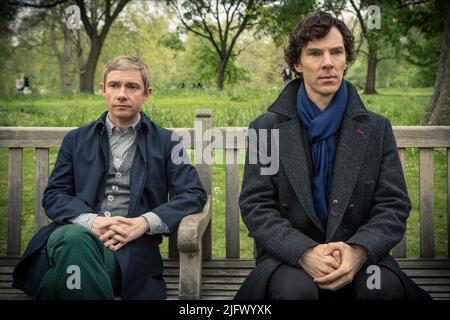 MARTIN FREEMAN, BENEDICT CUMBERBATCH, SHERLOCK, 2014 Stock Photo